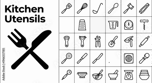 A comprehensive and versatile collection of essential kitchen utensils and cooking tools, meticulously designed as clean, minimalist black outline icons. This organized grid features a wide array of k