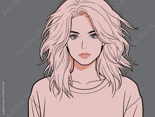 Young woman with long hair looking directly at the viewer in a simple setting with a gray background