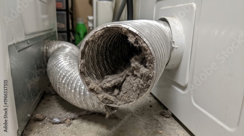 Close up view of a heavily clogged dryer vent hose filled with flammable lint and dust in a residential laundry room creating a potential fire hazard