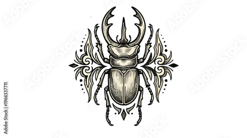 Ornate beetle illustration with decorative tribal elements in detailed vintage style.