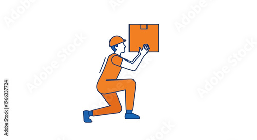 Delivery worker in orange uniform holding a box. Vector Illustrations. EPS Editable