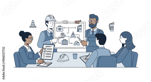 Diverse team collaborating on construction project planning. Vector Illustrations. EPS Editable