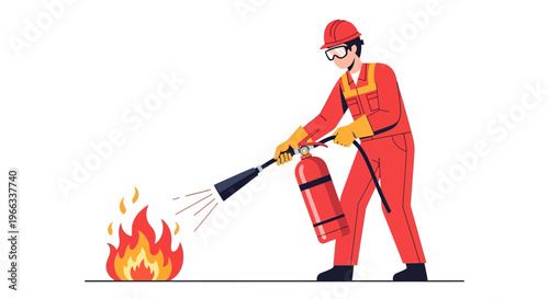Firefighter Extinguishing Flames with Fire Extinguisher. Vector Illustrations. EPS Editable