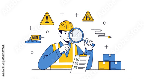 Man in yellow safety vest inspecting. Vector Illustrations. EPS Editable