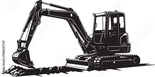 Black excavator machine with arm and bucket illustration