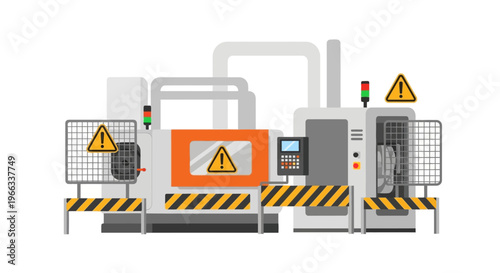 Industrial Machine with Warning Signs and Safety Barriers. Vector Illustrations. EPS Editable