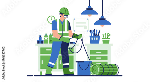 Man Wearing Protective Gear Cleaning Floor. Vector Illustrations. EPS Editable