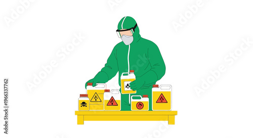 Person in Hazmat Suit Handling Hazardous Materials. Vector Illustrations. EPS Editable