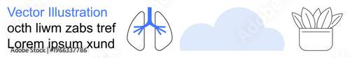 Healthcare, respiratory health, environment, education, eco-living, wellness. A lung diagram, cloud symbol and potted plant line art. Respiratory health and environment