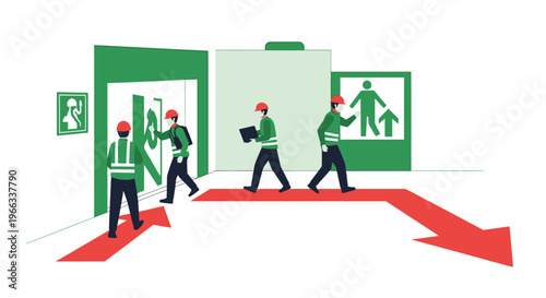 Workers entering building with safety signs and red arrows. Vector Illustrations. EPS Editable