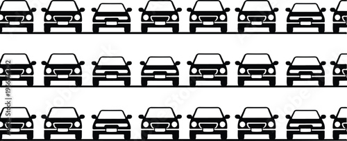High-contrast vector pattern of dense traffic with stacked cars, headlights, windows, and grilles clean minimalist black and white illustration