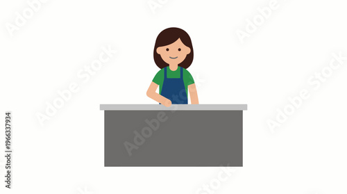 Friendly cashier smiles behind a simple counter