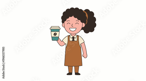 Smiling barista holds coffee cup with joy
