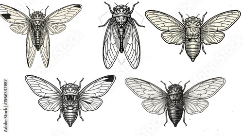 Detailed cicada insect illustration set in vintage engraving style.