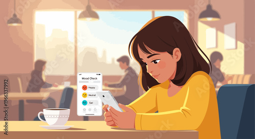 Woman sitting at a table looking at phone.