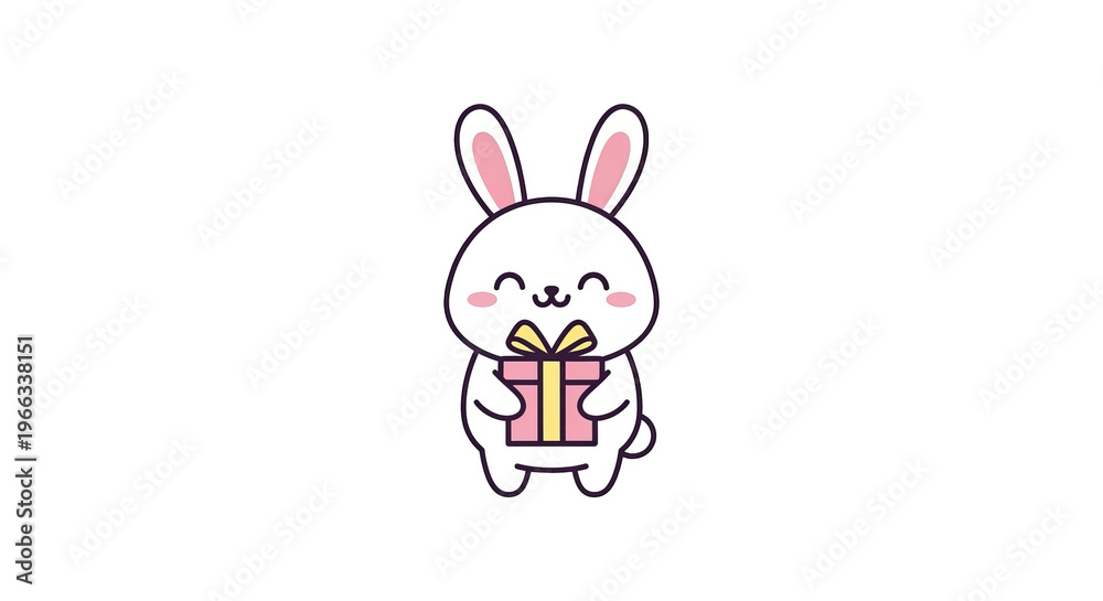 Obraz premium Cute cartoon white rabbit holding a pink gift box with a yellow ribbon.