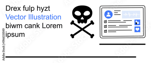 Cybersecurity, digital threats, identity protection, online safety, hacking, digital security. Skull icon with crossbones next to an online profile interface visualization. Cybersecurity and digital
