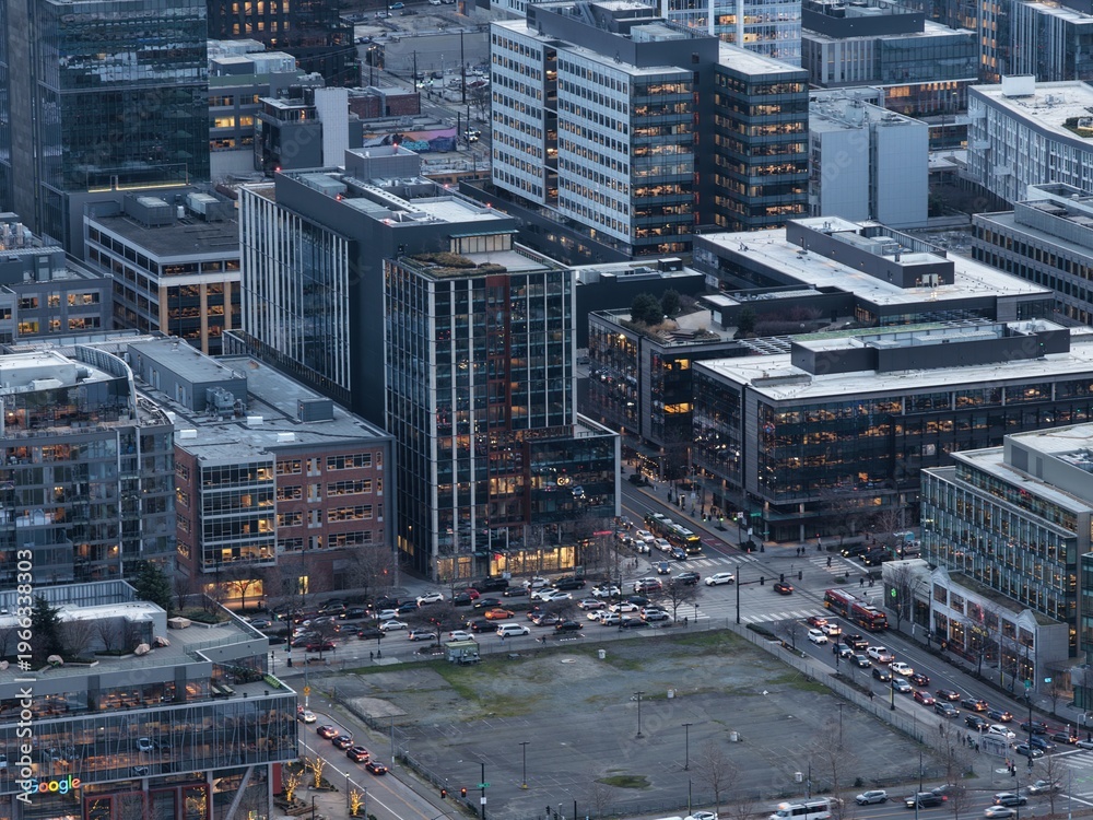Fototapeta premium Seattle downtown skyline at blue hour with city lights, traffic and Lake Union park waterfront aerial view, Washington USA. g.