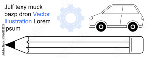 Design, education, transportation, engineering, creativity, visual communication. Elements include a pencil, car sketch and gear icon. Design and education concept
