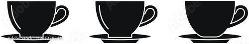 Black teacup icons set, minimalist coffee cup silhouettes with saucers, flat vector illustration for cafe menu, kitchenware graphic design elements