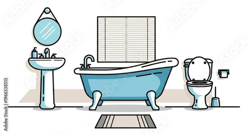 Bathroom Interior Illustration - Sink, Bathtub, Toilet, and Mirror.