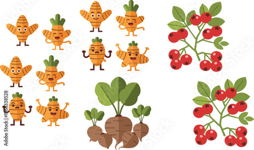 Cute carrot character and berry plant collection with root vegetables and fruits cartoon vector illustration set isolated on white background