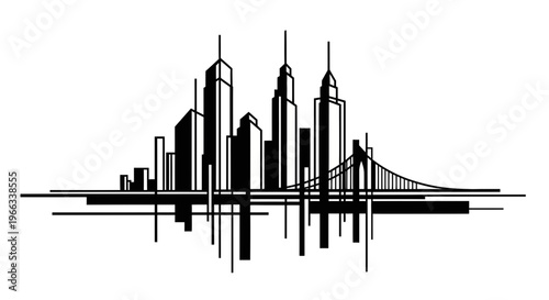 Abstract Cityscape Silhouette with Bridge - Modern Urban Skyline Graphic