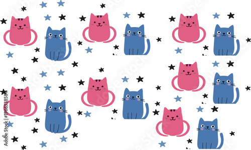 Cute cat seamless pattern with cartoon kittens and stars playful animal vector illustration background