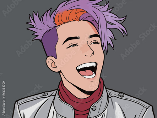 Young person with colorful hair laughing against a gray background wearing a silver jacket and red shirt in a cheerful mood