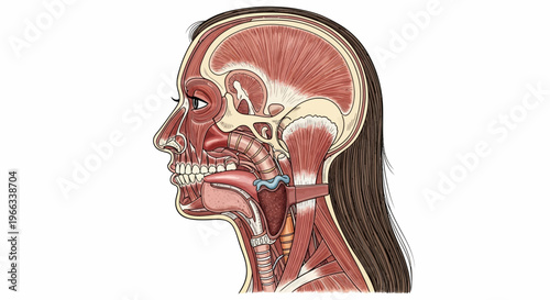 Anatomical Illustration of Human Head and Neck Musculature, Profile View