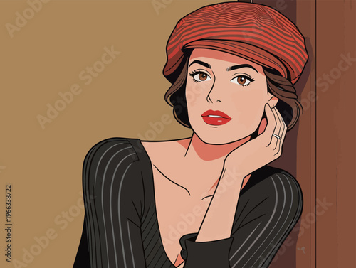 Woman wearing a red hat poses with her hand on her face against a plain background in a warm setting