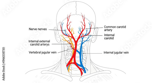 Anatomical illustration of human neck arteries, veins, and nerves