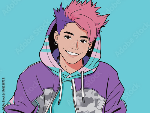 Boy with colorful hair smiles while wearing a hoodie in front of a blue background during daylight