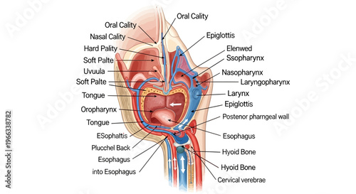 Anatomical Illustration of the Human Nasal and Oral Cavity, Pharynx, and Larynx