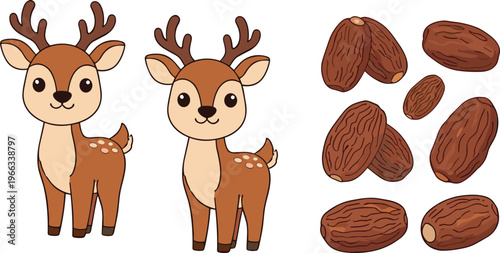 Cute deer character and dates fruit collection cartoon animal and food vector illustration set isolated on white background