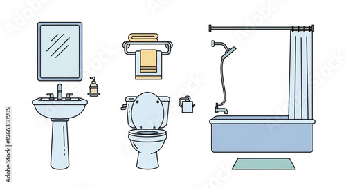 Bathroom Fixtures Illustration - Sink, Toilet, Shower, and Accessories.