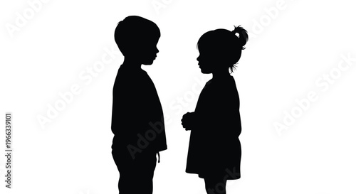 Black silhouette vector graphic illustration of two small children facing each other in profile view