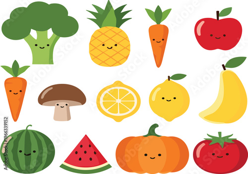 Cute vegetable and fruit characters collection with broccoli, pineapple, carrot, apple, banana and pumpkin vector illustration set