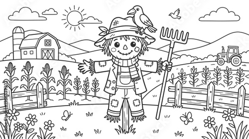 Scarecrow standing in a field smiling.