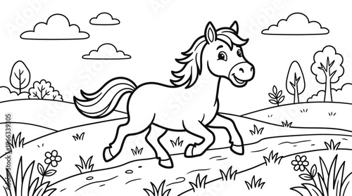 A cartoon horse is running freely.