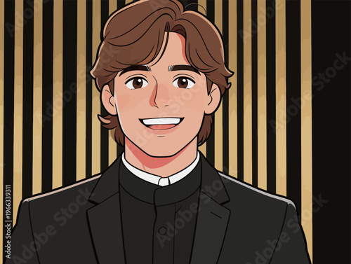 Young man dressed in a black suit stands with a smile against a golden background in a stylish setting