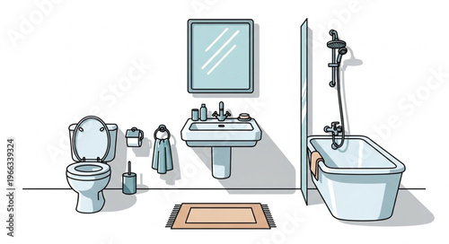 Bathroom Interior with Toilet, Sink, Mirror, and Bathtub Illustration.
