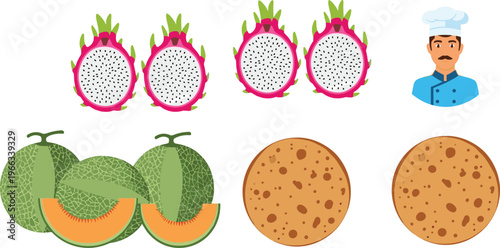 Exotic fruit and bakery collection with dragon fruit, melon, cookies and chef character vector illustration set