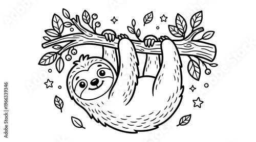 Sloth hanging from tree branch upside down.