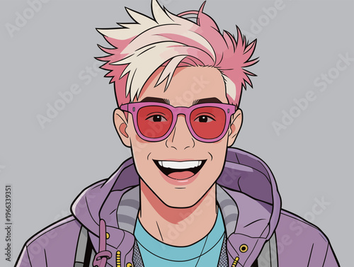 Young man with pink and white hair wearing sunglasses and a purple jacket smiles against a gray background in an animated style