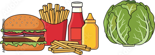 Fast food and fresh vegetable comparison with burger, fries, ketchup, mustard and lettuce vector illustration set