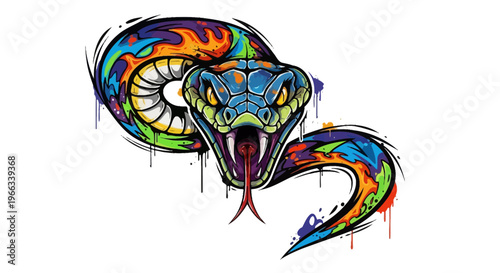 Colorful Snake Head Illustration, Aggressive Viper with Vibrant Paint Splatter
