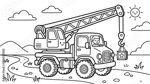 A cartoon truck with crane.