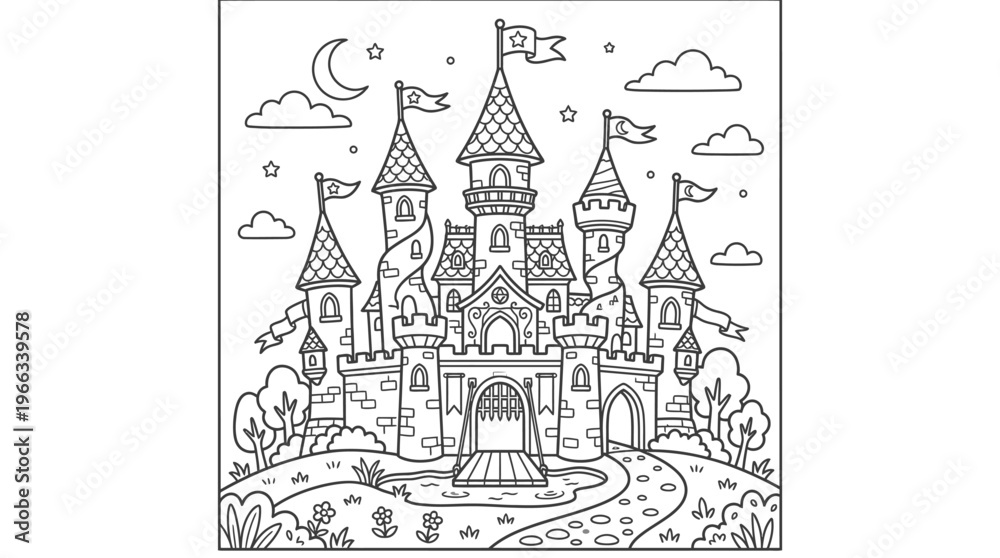 Naklejka premium Fantasy Castle with Turrets and Towers.