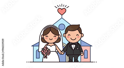 Cute Cartoon Wedding Couple Holding Hands Outside Church with Heart